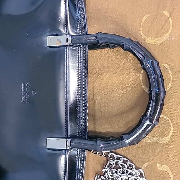 GUCCI VINTAGE BAMBOO HANDLE BLACK PATENT LEATHER HANDBAG SILVER HARDWARE - Picture 10 of 17
